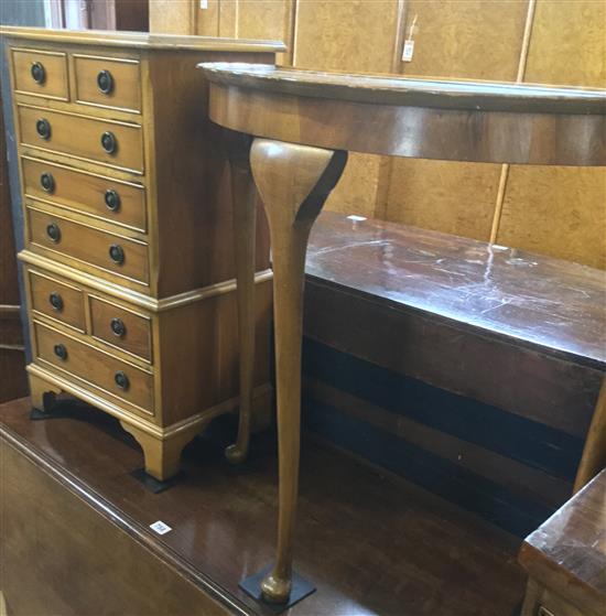 Small modern yew wood chest and a yew D shaped side table